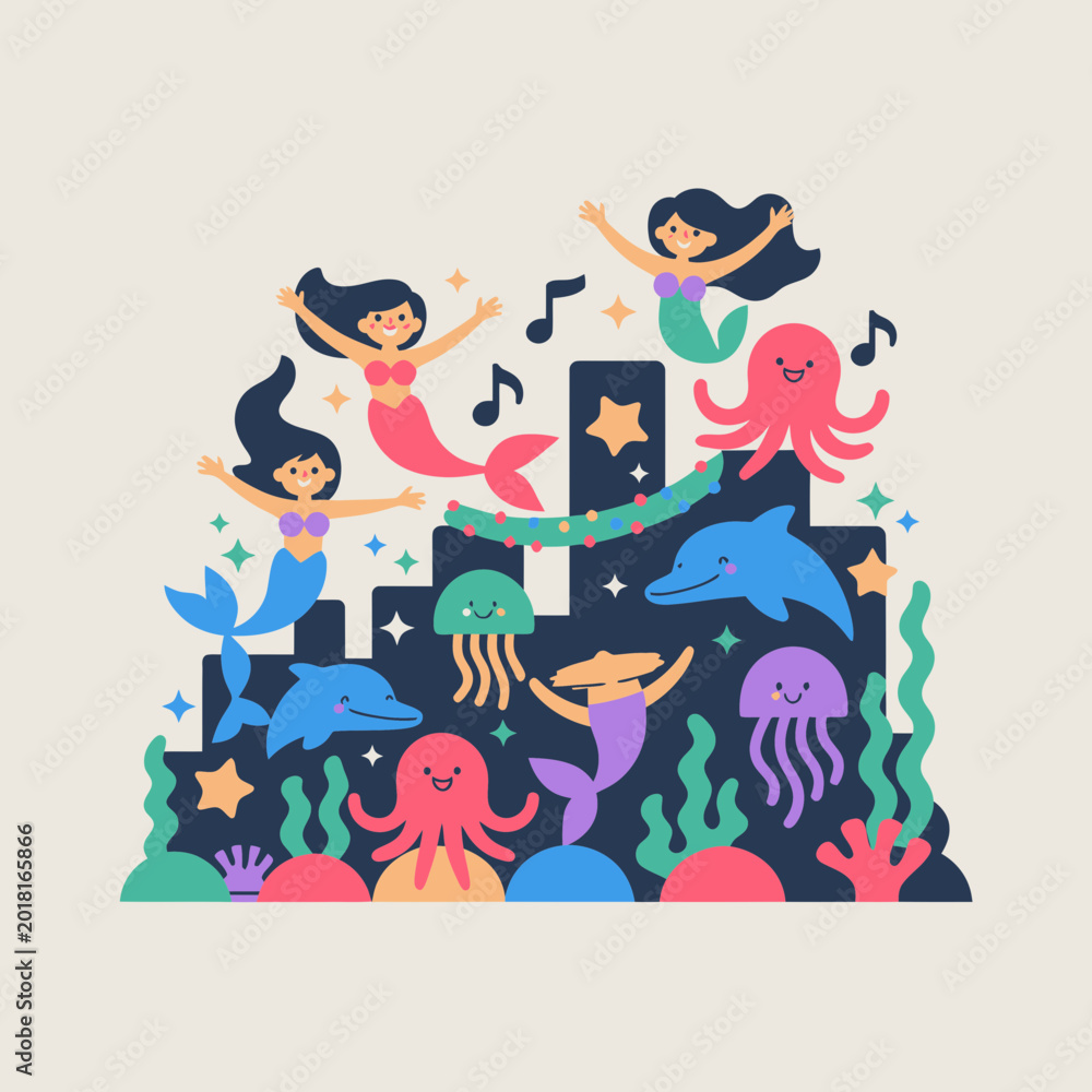 Fototapeta premium Vibrant underwater party illustration featuring cheerful mermaids, octopuses, and dolphins celebrating with music notes and stars in a stylized deep sea city environment