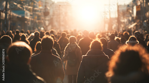 People walking towards bright sunlight on a city street represent urban lifestyle, movement, and direction.