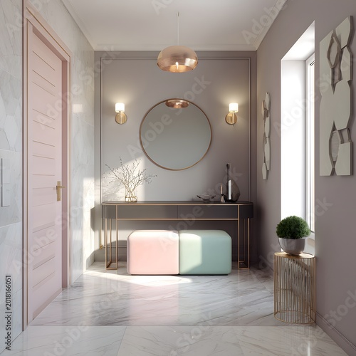 Elegant vanity area with illuminated mirror and marble sink image