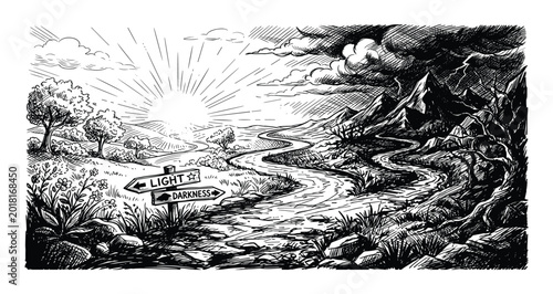 Road leading from darkness to light with sun shining, signifying hope.