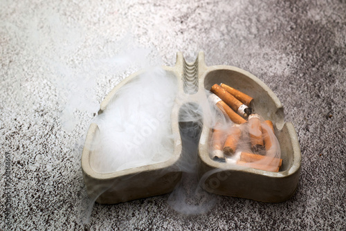 Lung shaped ashtray showing cigarette butts and smoke