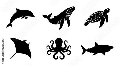 Bild auf Leinwand Marine Life Silhouettes: Dolphin, Whale, Turtle, Ray, Octopus, Shark Icons Set,