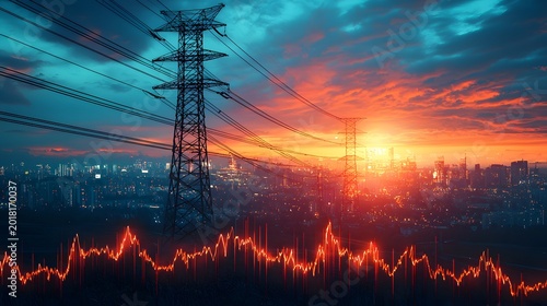 Energy investment chart with utility poles and wires banner