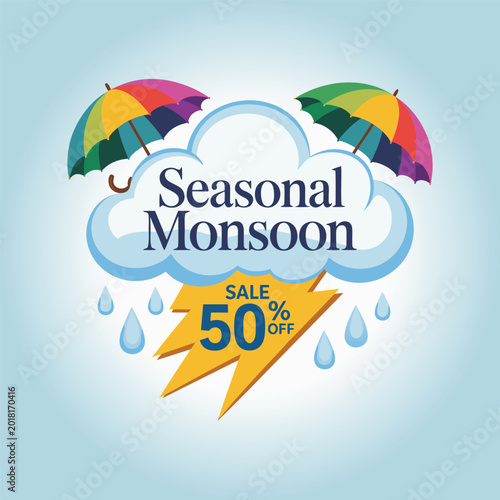 Seasonal Monsoon Sale Promotion Banner with Cloud, Umbrellas, and Lightning Bolt – 50% Off Discount Graphic