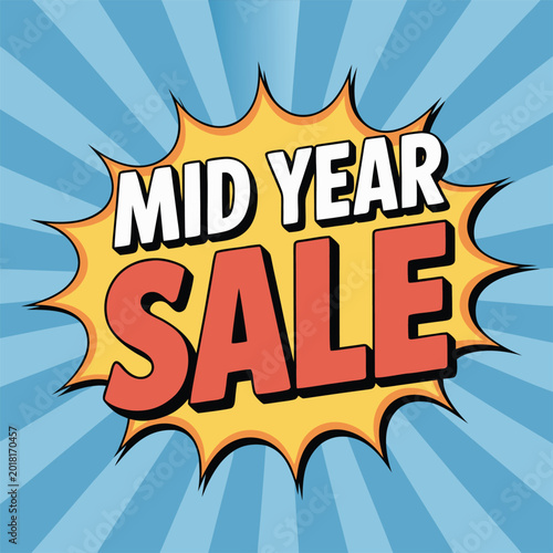 Tableau sur toile Mid Year Sale Burst Banner in Comic Pop Art Style on Blue Radial Background