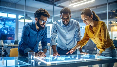 business team at work,collaborate intensely around a futuristic digital desk in a modern technology office. They seemed focused on analyzing the global map data that glowed on the large touch screen, 