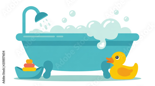 Fotografie Baby bath time with rubber duck and bubbles in a blue tub Vector