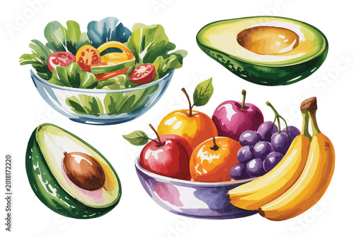 Watercolor Wellness Food Clipart Bundle, Healthy Salad and Fruit Bowl Collection, Isolated Vector Set