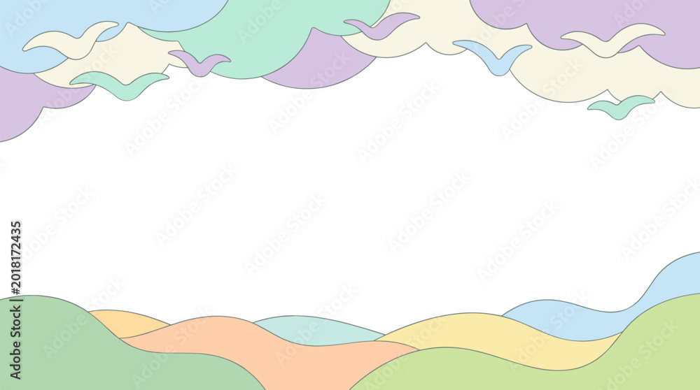 Fototapeta premium Soft pastel landscape illustration with rolling hills and stylized clouds with flying birds, featuring a central white space for copy.