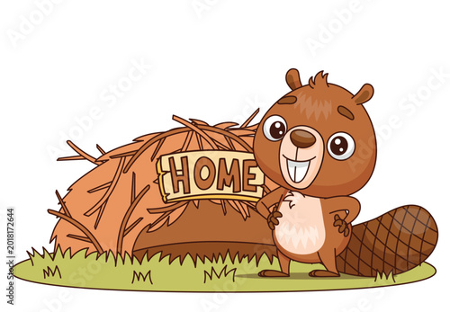 Slika na platnu A cheerful and playful cartoon beaver stands proudly next to its cozy home, show