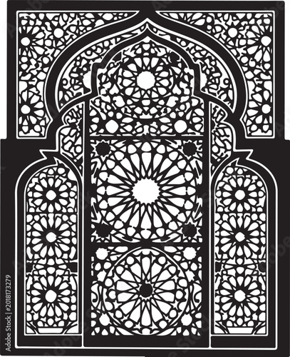 Intricate geometric patterns in a symmetrical architectural window design Vector, illustration