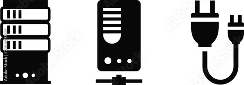 Schilderij op canvas Server hardware and computer cable icons set isolated on white background black