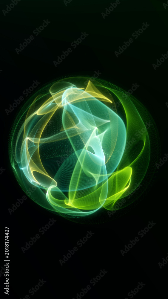 Fototapeta premium Green glowing abstract plasma sphere with transparent fluid energy ribbons and luminous futuristic wave motion on dark background, digital orb