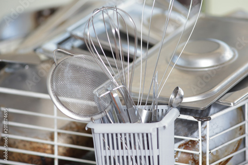 Fotografi Professional Stainless Steel Kitchen Utensils and Equipment in Restaurant Sculle