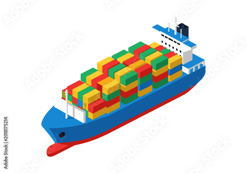 Isometric cargo ship loaded with colorful shipping containers