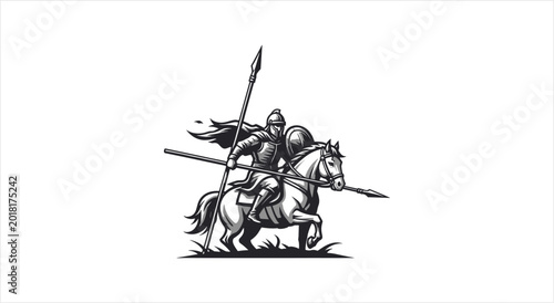 Photography Medieval Knight Warrior on Horseback with Spear.