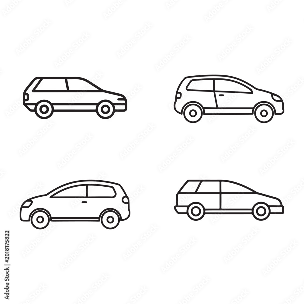 Obraz premium Four different car models in a line drawing style from the side view various vehicle types are shown in a simple black and white illustration