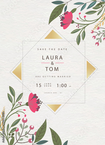 Floral Save the Date wedding invitation card with pastel flowers