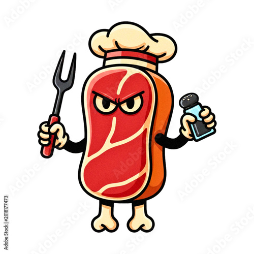 Barbecue brisket,  Angry steak chef with fork and salt shaker, cartoon barbecue character