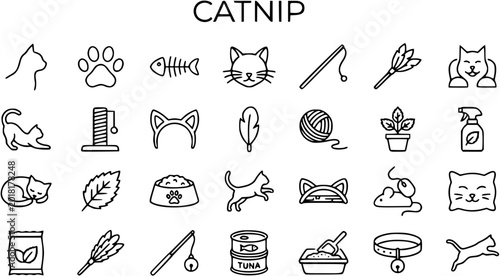 Canvastavla Catnip Icons Set: Line Art Illustrations of Pet Items, Toys, and Feline Accessor