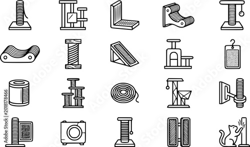 Fotografie Line art icons of cat scratching posts and trees, pet furniture, vector set
