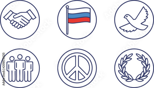 Fotografía Six circular handshake, russian flag, dove, people, peace symbol, laurel wreath