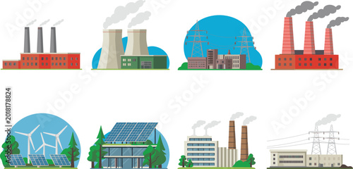 Fotografija Industrial energy production collection, power plant electricity generation set,