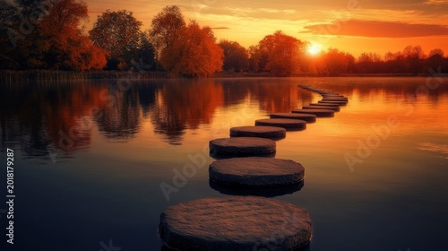 Sunrise path of stones over water