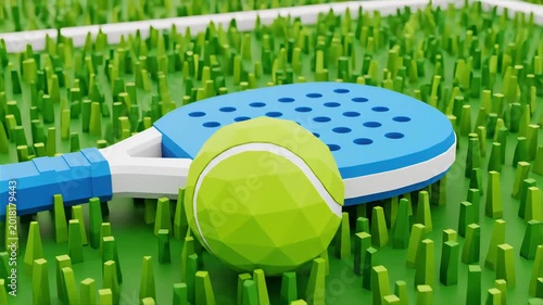 A close-up low-poly view of a blue paddle and green ball on abstract grass