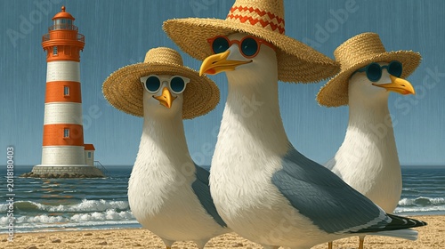 Three cartoon seagulls wear straw hats and sunglasses. They stand on a sandy beach near ocean waves. Red-and-white lighthouse rises behind them. The sky shows gentle raindrops falling