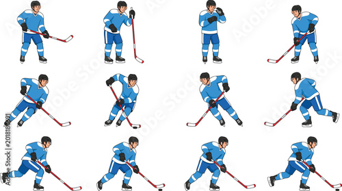 Photography Ice hockey player action poses illustration set, professional athlete skating an