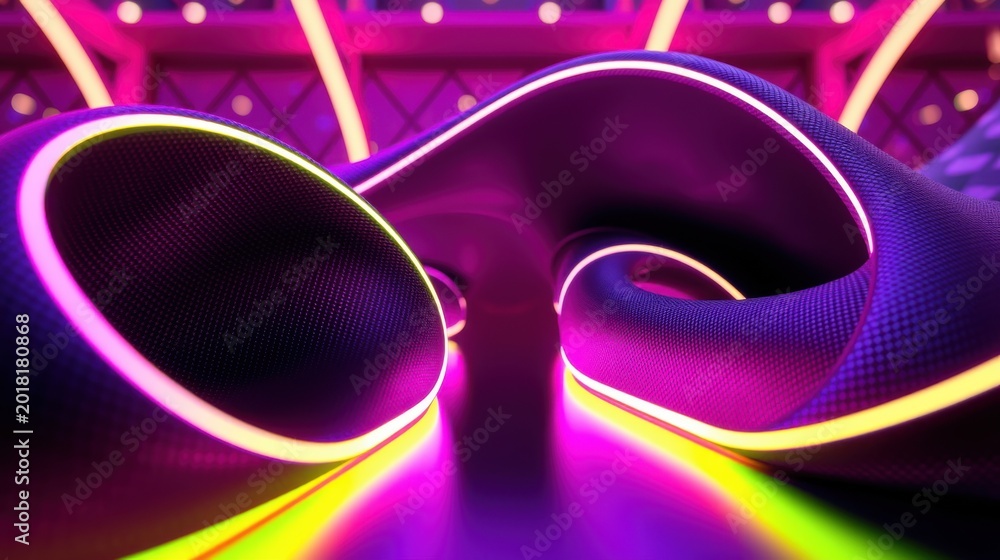 Fototapeta premium Abstract purple structure with bright neon lights. Futuristic design, dynamic curves, dark background creates dramatic effect.