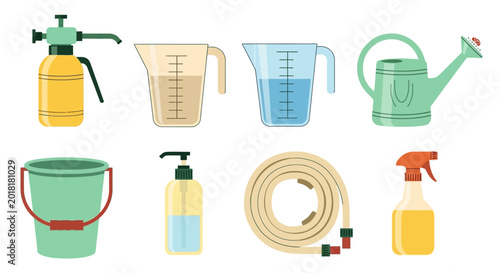 Schilderij op canvas Gardening tools, watering can, bucket, hose, sprayer icons, garden equipment, la