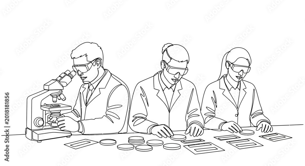 Fotografia Scientists in lab coats examine samples with a microscope and papers at a table