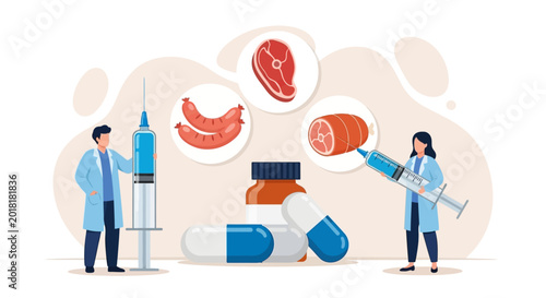 Billede på lærred Medical professionals, vaccine, syringe, medication, healthcare workers, illustr