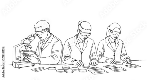 Foto Scientists in lab coats examine samples with a microscope and papers at a table