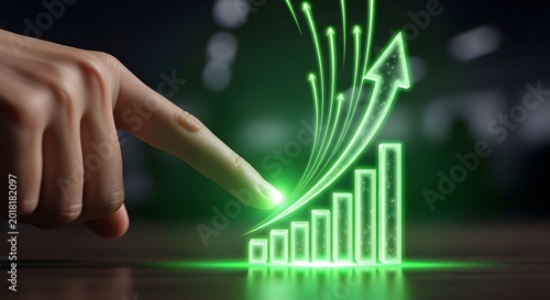 Glowing business growth chart, green financial success graph, profit increase