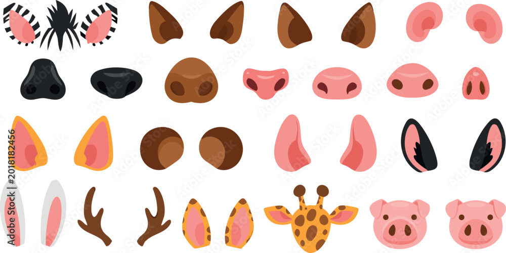 Obraz premium Large collection of cute animal ears and noses vector illustration set for photo booth filters and masks.