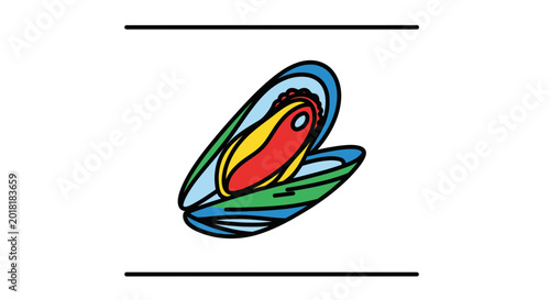 Open Mussel with Red and Yellow Inside, Blue and Green Shell, Isolated on White Background