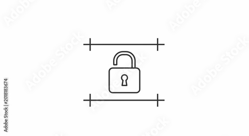 Open Padlock Icon with Measurement Lines, Security Unlocked Concept