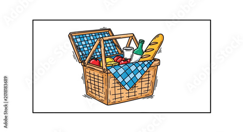 Open Picnic Basket with Food, Bread, and Wine Bottle on Blue Gingham Blanket