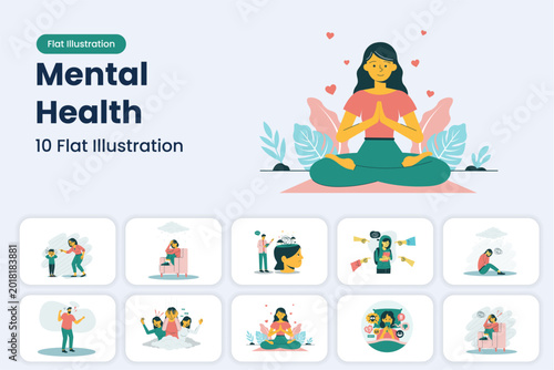 A comprehensive collection of 10 flat vector illustrations depicting various mental health conditions and emotional states. Including scenes of depression, social bullying, meditation, anger managemen