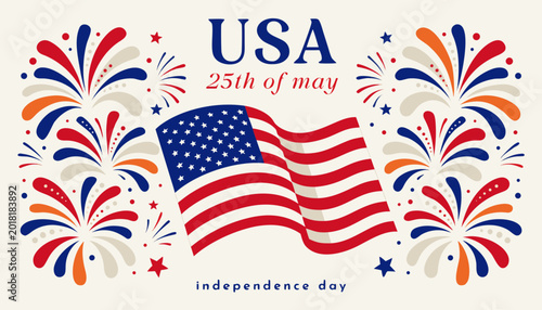 USA 25th of may independence day design of american flag with fireworks vector illustration 