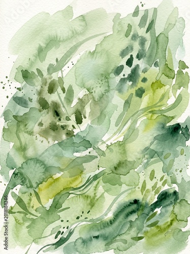 Soft abstract watercolor background with organic green textures and fluid brush strokes. Hand painted digital illustration inspired by natural landscapes, suitable for branding, packaging, wallpaper