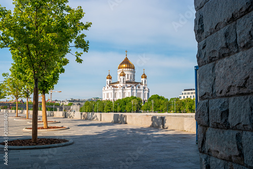 Moscow, Russia. The Cathedral of Christ the Savior, or the Church of the Nativity of Christ. View from Bersenevskaya Embankment. Sunny spring morning
