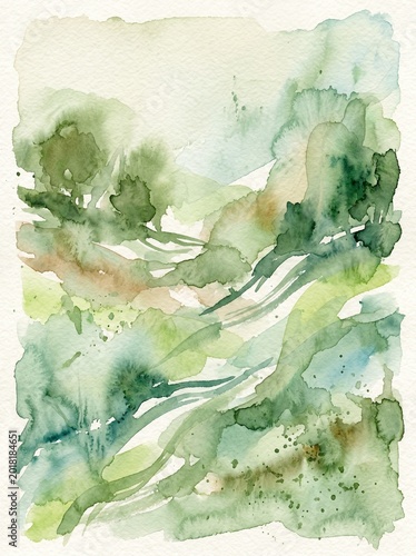 Soft abstract watercolor background with organic green textures and fluid brush strokes. Hand painted digital illustration inspired by natural landscapes, suitable for branding, packaging, wallpaper