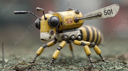 Vintage bee robot stands on mossy ground. Yellow and black stripes mimic nature's design. Metal eyes and antennae give it a mechanical charm. Number 
