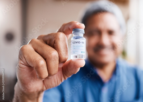 Obraz na płótnie Covid, vaccine and hand with old man for medical, wellness or medicine for illness