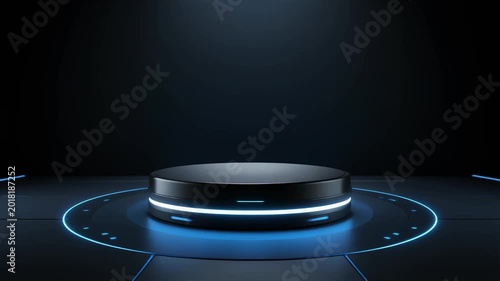 Futuristic circular black pedestal with blue LED ring lights set on a dark reflective platform, spotlight overhead, sci-fi showcase stage