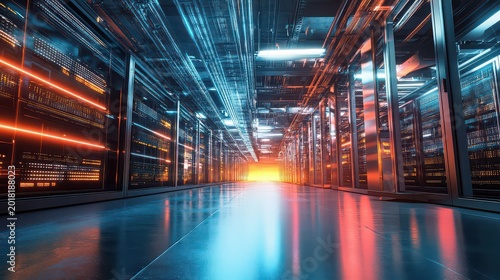 Futuristic data center interior with glowing server racks and fiber optic cables